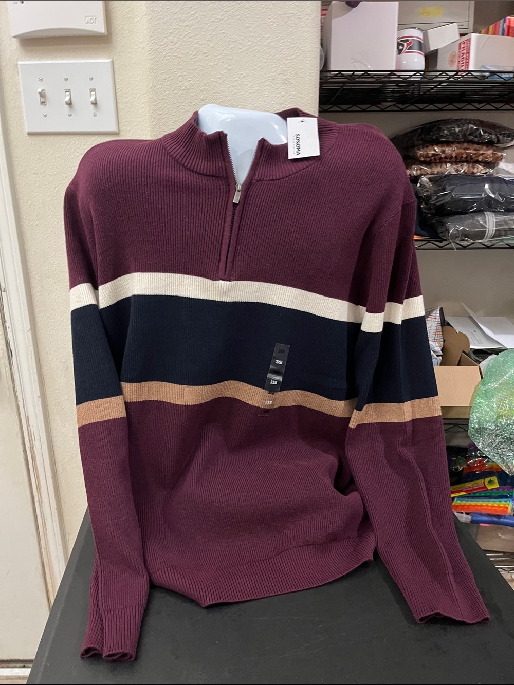 Kohl's Men's Quarter-Zip Striped Sweater in Burgundy, Navy, Cream, Tan